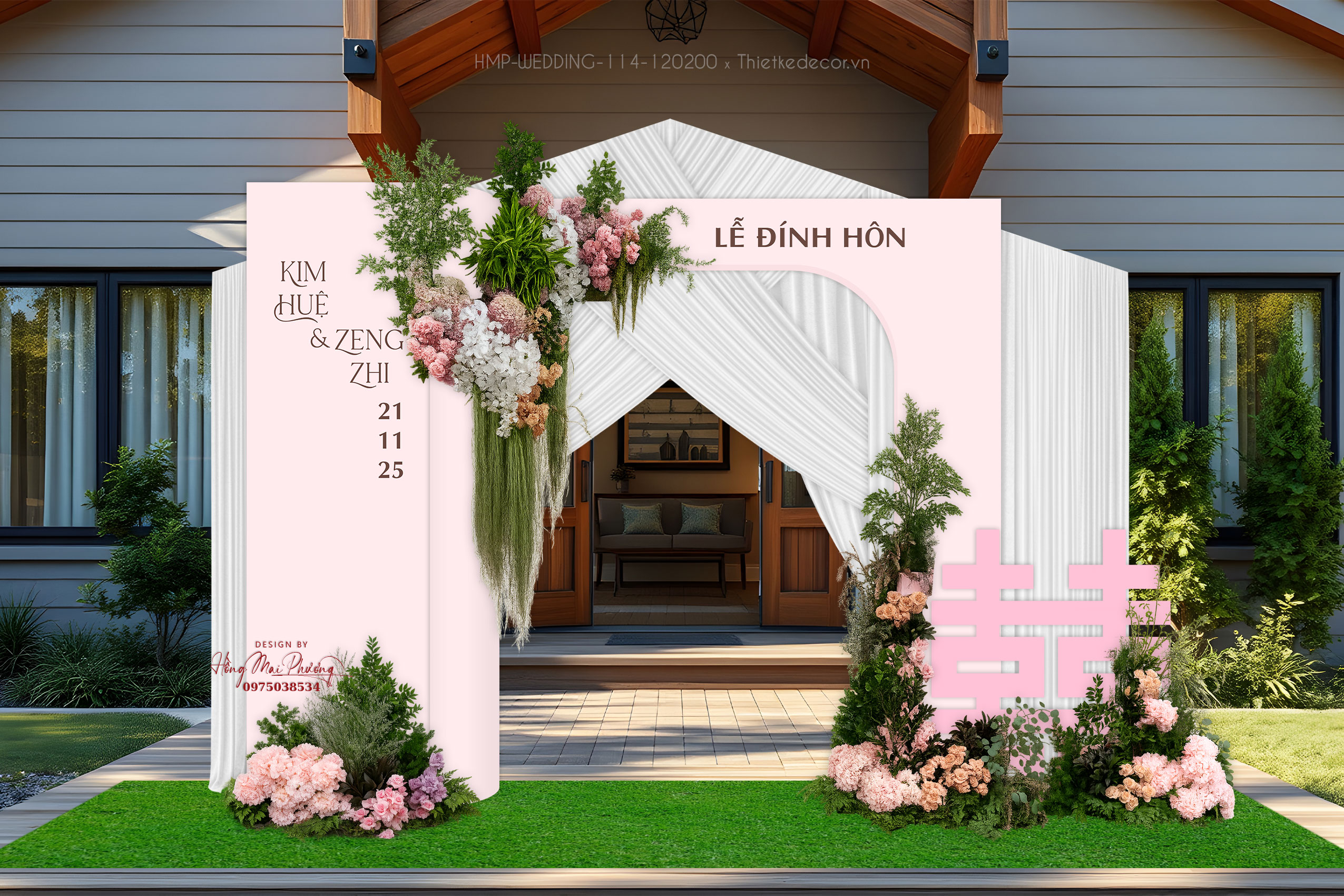 Trang trí tiệc cưới. File thiết kế cổng cưới tone hồng pastle xinh sang